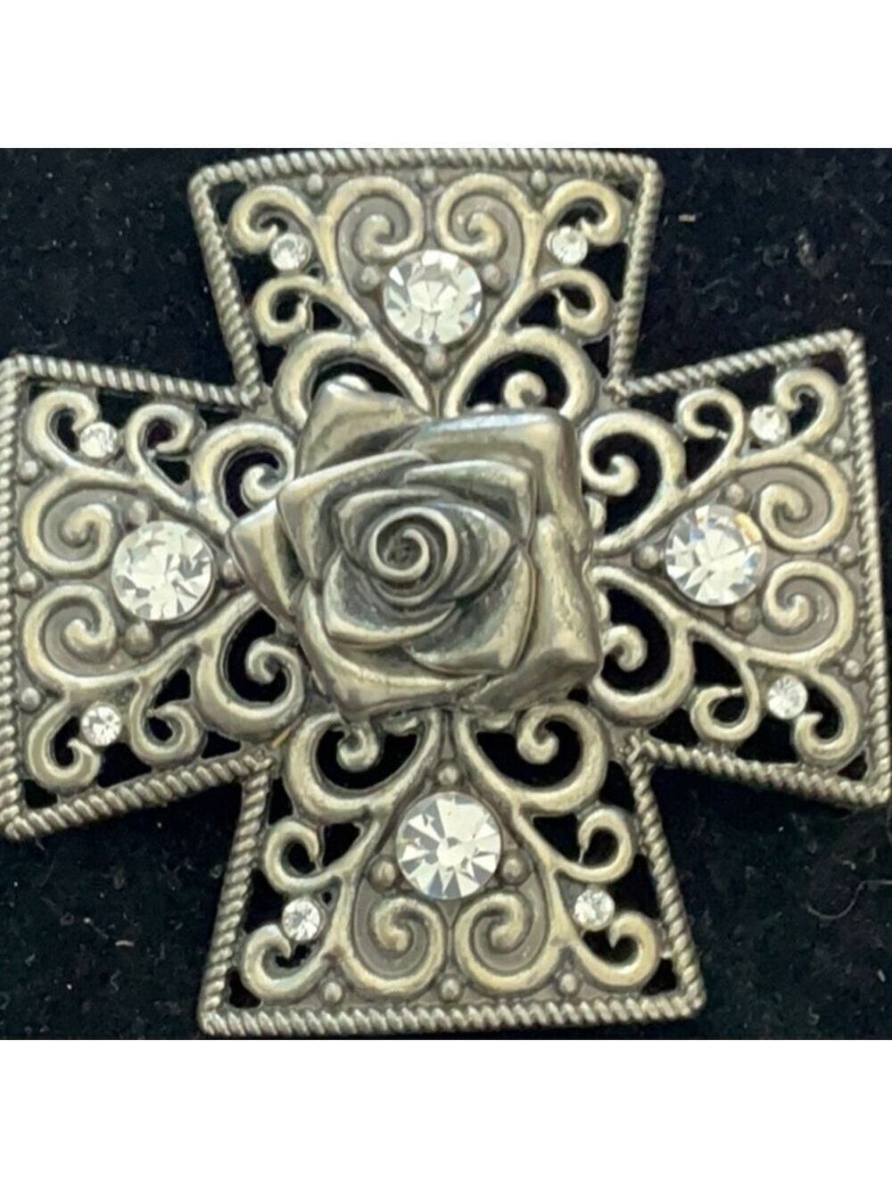 Vintage Silver Cross Pendant Rose Crystals - Picture 2 of 4
